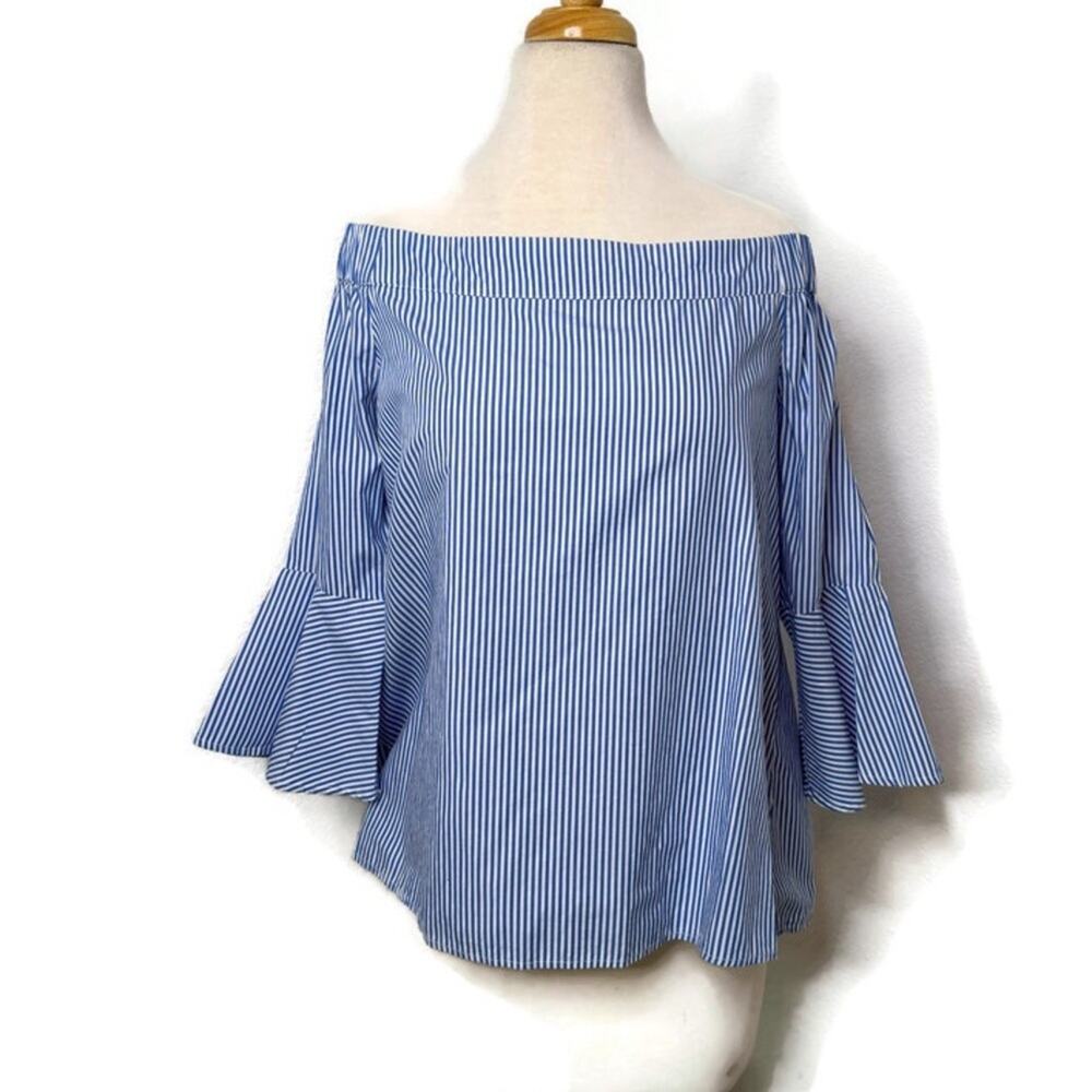 Cupio Womens Stripe Off-Shoulder Blouse Large Blue Bell Sleeve Nautical‎ Preppy